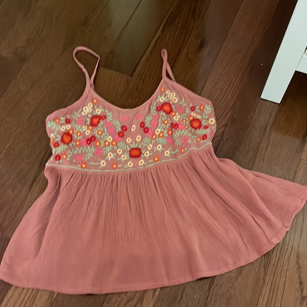 NWT Sim and Sam bohemian pink floral embroidery baby doll pink tank top - Picture 3 of 4